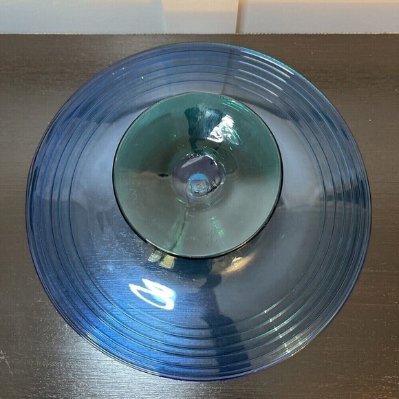 Signed Richard Blenko Art Glass Console Centerpiece - Blue/Green Designer Series - Picture 6 of 7